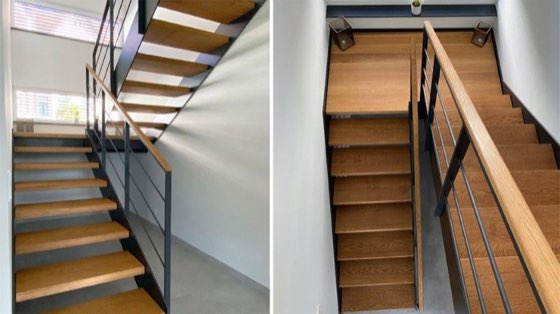 Holztreppe mit Stahlgeländer
