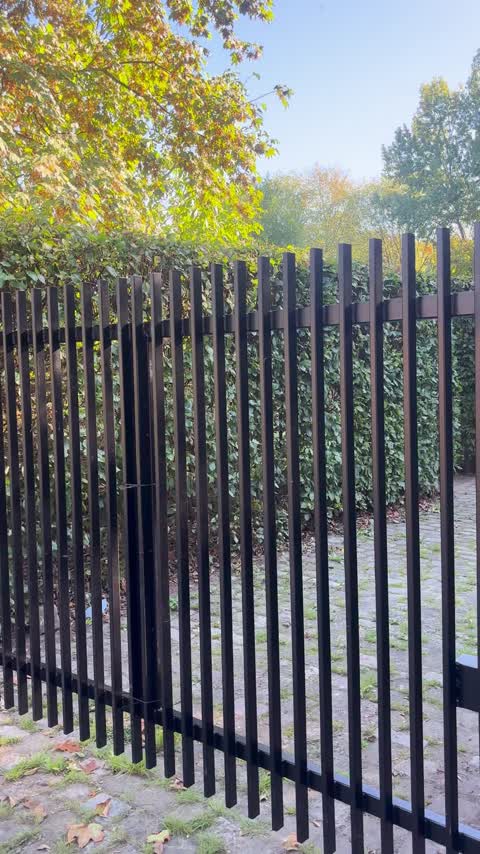 Schwarzer Stabzaun mit Tor vor einer Hecke